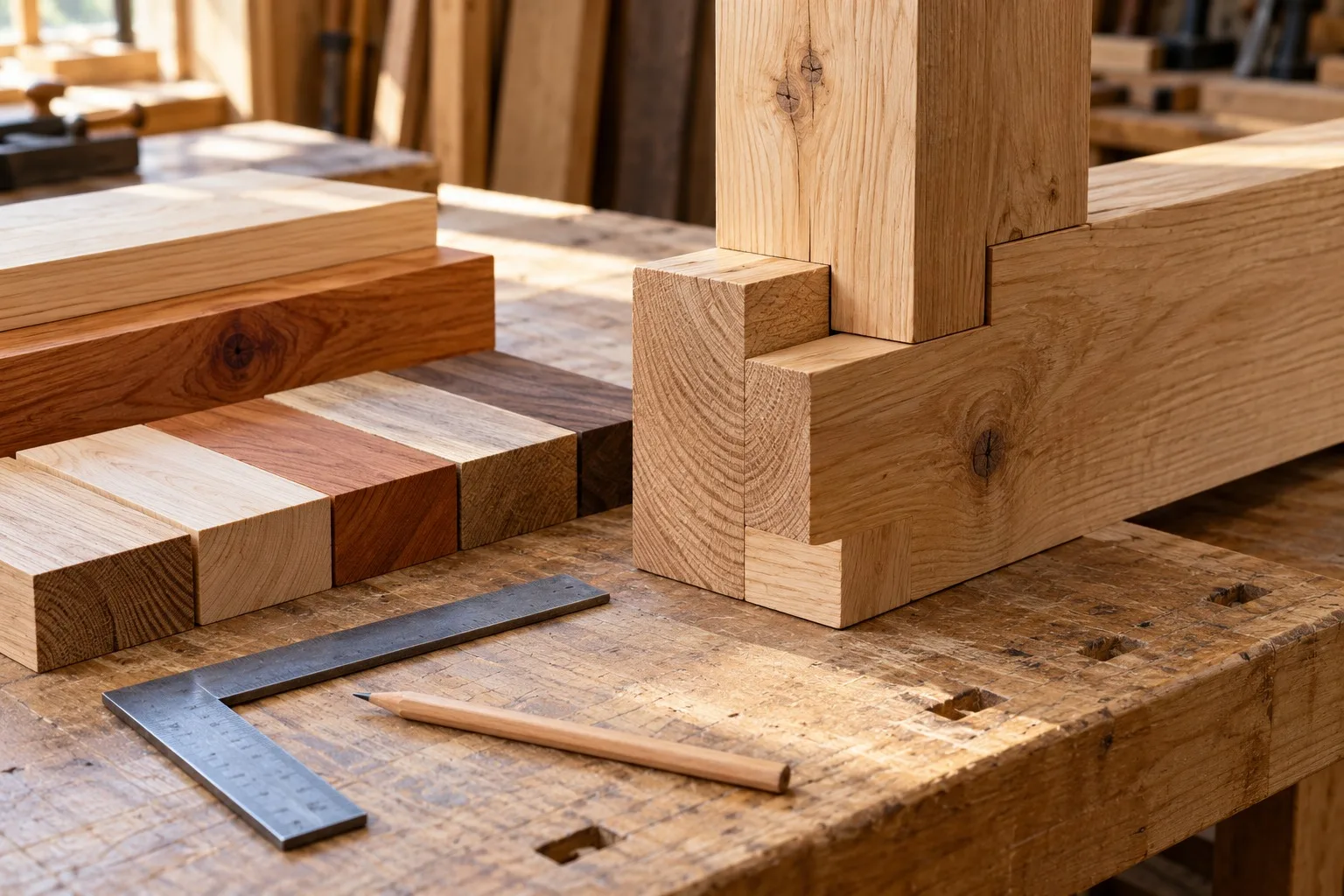 Holzmuster und ein Verbindungsdetail auf einer Werkbank neben einfachen Zeichenwerkzeugen.